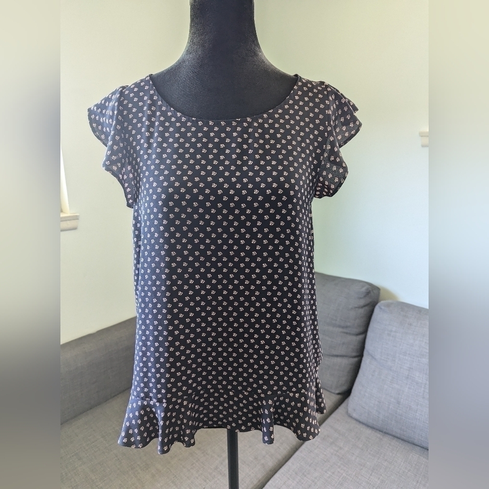 Navy Blue Floral Print Blouse with Ruffle Sleeves - Size M